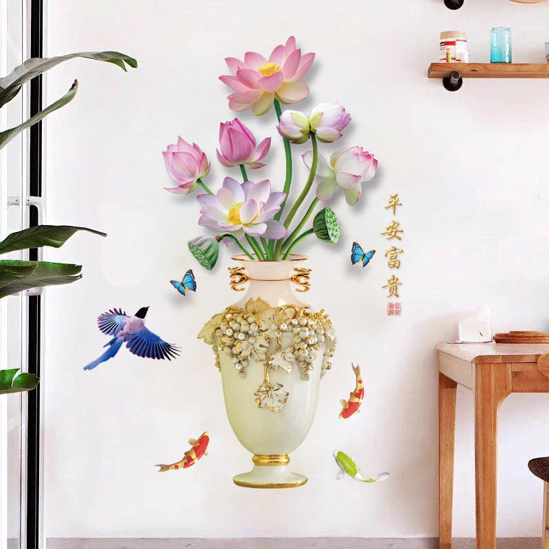 Self Adhesive Home Wall Decor 3d Vase Lotus Flower of Life Stickers