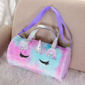 Cute Purple PU Plush Tote Duffel Bag for Kids Kids' Fashion Travel Bag with Zipper Closure Sleepover Rainbow Sleepover Rainbo