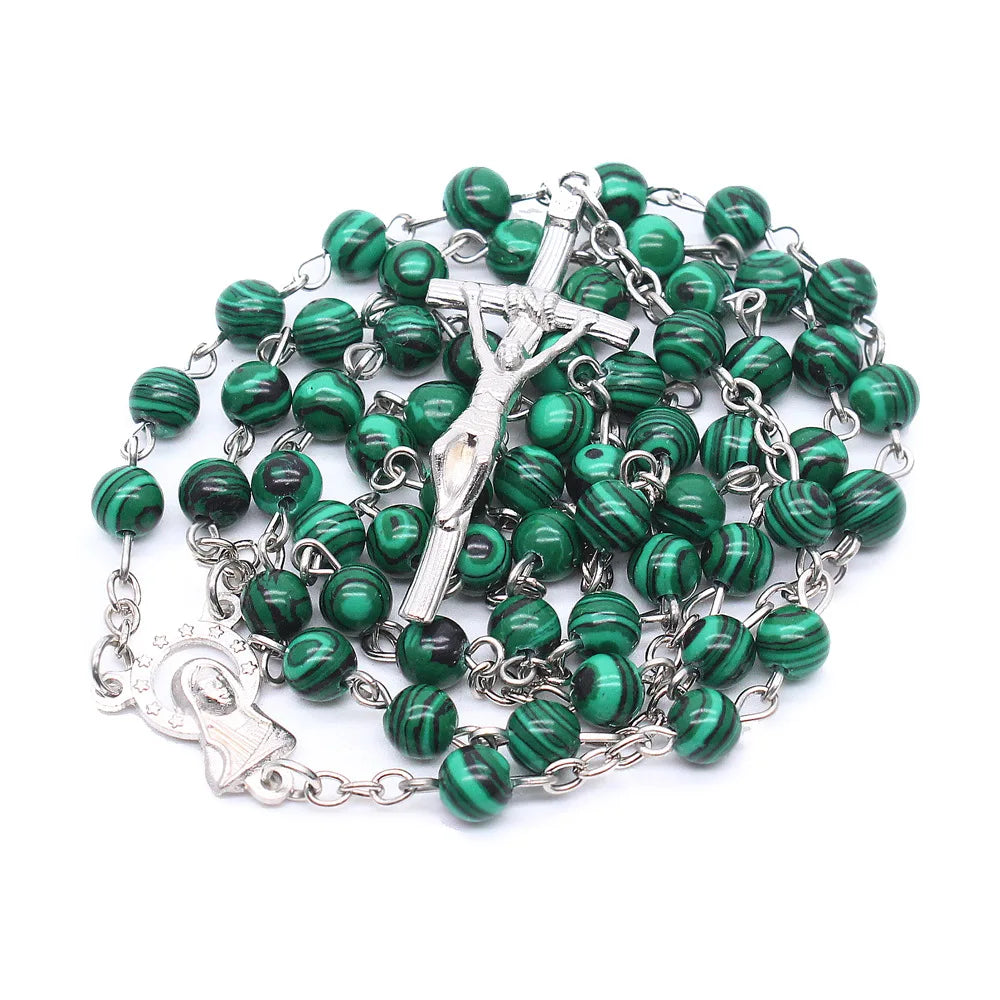 2025 Peacock Stone Bead 6mm Beads Zinc Alloy Crucifix Orthodox Cross Jesus Necklace Wholesale Religious Catholic Necklace