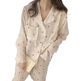 Hot Selling Long-sleeve Cotton Fabric Lace Edge Women's Pajamas Turn-down Collar Home Wear Sets