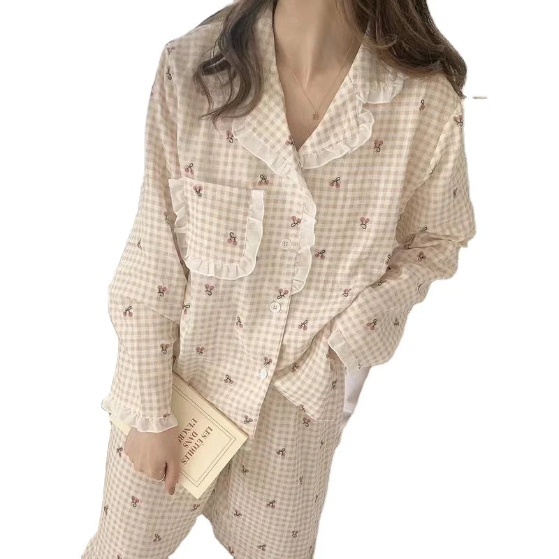 Hot Selling Long-sleeve Cotton Fabric Lace Edge Women's Pajamas Turn-down Collar Home Wear Sets