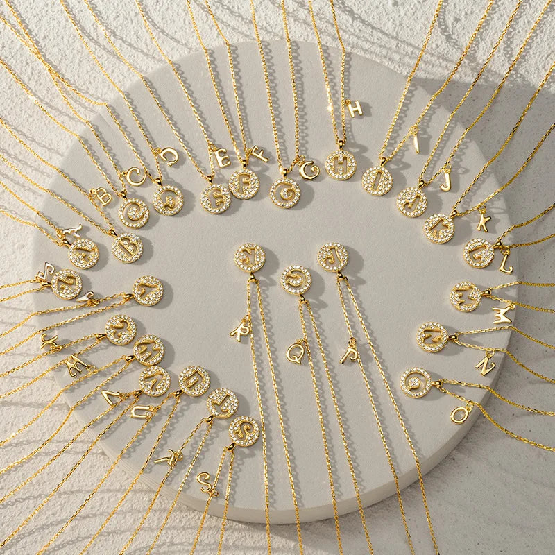 Fashion Fine Jewelry 925 Sterling Silver 26 Alphabet Hollow Double Letter Diamond Round Coin Pendant Gold Plated Necklaces Women