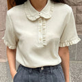 Wholesale Custom Print Cotton T-Shirt for Women Summer Polo Neck Blank Regular Ruffled Sleeve T Shirt