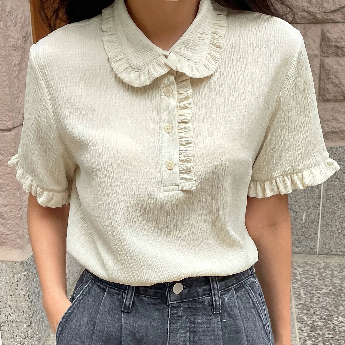Wholesale Custom Print Cotton T-Shirt for Women Summer Polo Neck Blank Regular Ruffled Sleeve T Shirt