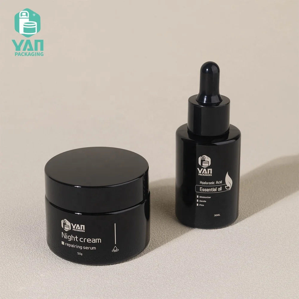 YAN Exquisite 30ml 50g Black Glass Dropper Bottle Wide-Mouth Cosmetic Jar for Skin Care Cream Lotion Cool Design Face Masks