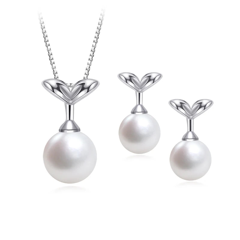 925 Sterling Silver Natural Freshwater Pearl Fish Tail Shape Luxury Jewelry Set