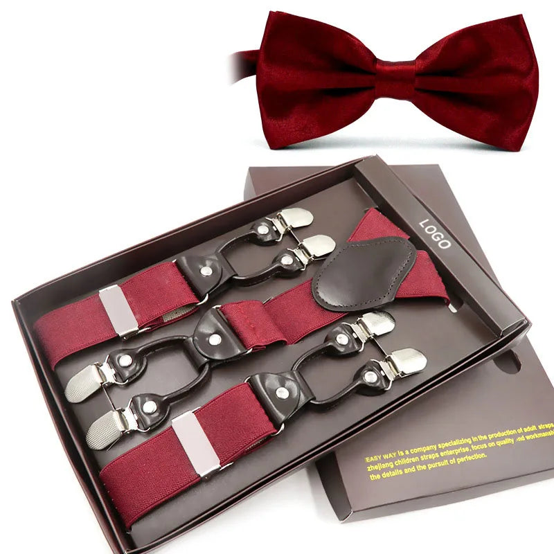 Wedding Vivid Color Adjustable Brace Strong Clip Elastic Band Solid Color Men's Suspender With Woven Bow Tie Set