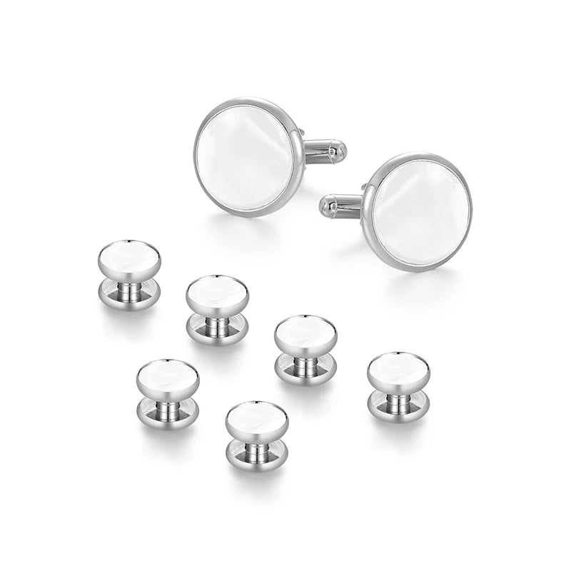 Daili Men's White Cuff Links and Studs Set Accessory Set for Business Wedding Party or Anniversary Gift