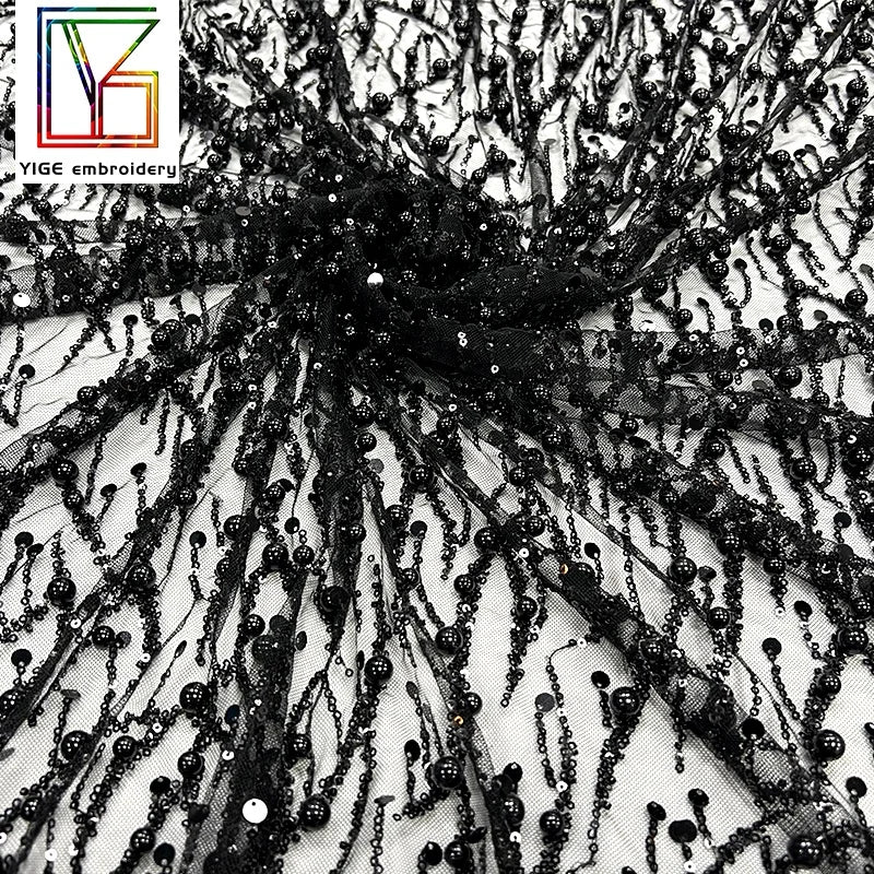 Quality Hand Pearls Fabric Material French Sequins Embroidered Dress Beaded Fabric Black Beads Lace Fabric