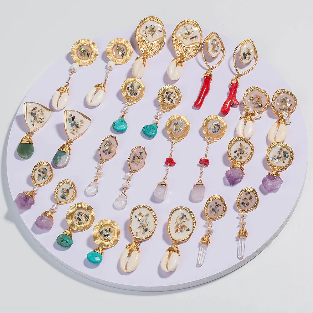 Fashion Geometry Colorful Shell Crystal Earrings Natural Stone Pearl Women Earrings Wholesale Jewelry