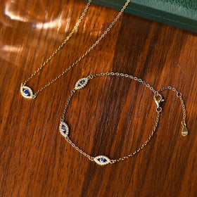 18k Gold 925 Sterling Silver Fine Jewelry Women Devil's Eye Charm Bracelet Necklace Set