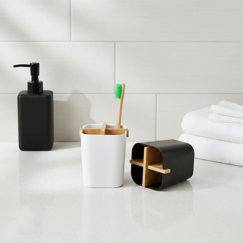 Sustainable Bamboo Fiber Desktop Pen Pencil Holder Toothbrush Cup Stand with Removable Bamboo Insert for Bathroom Office