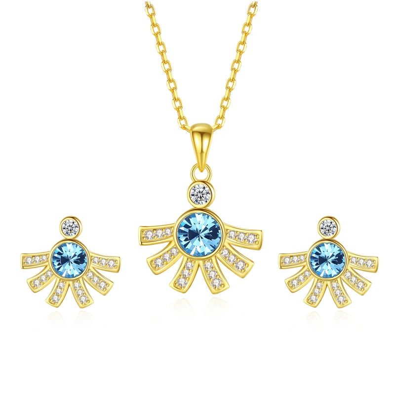 Austrian Blue Crystal Stone Zircon Pendant S925 Silver Gold-Plated Jewelry Earrings Necklace Set for Parties Gifts & Engagements
