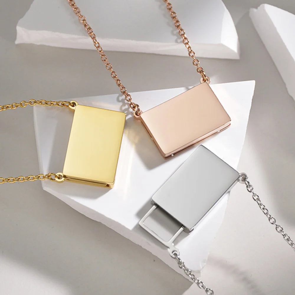Custom Engraved Name Necklace Jewelry Personalized Stainless Steel Envelope Locket Pendant Necklace for Gift