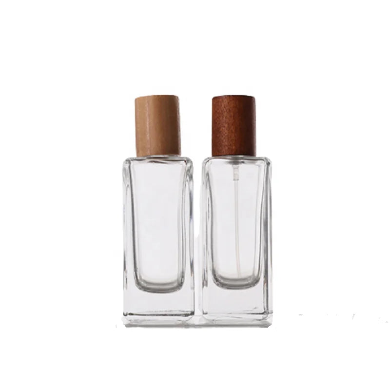 50ML Empty Perfume Bottles Square Atomizer Fragrance Container Bayonet Crimp Pump Spray Glass Perfume Bottle With Wood Lid
