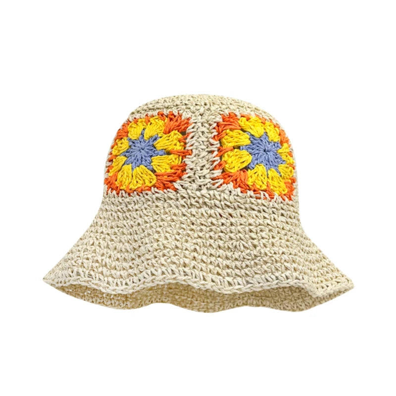 Ladies Summer Hats Crochet Hollow Flower Straw Hats for Women Beach SunHats Foldable Female Beach Bucket Hat Stock