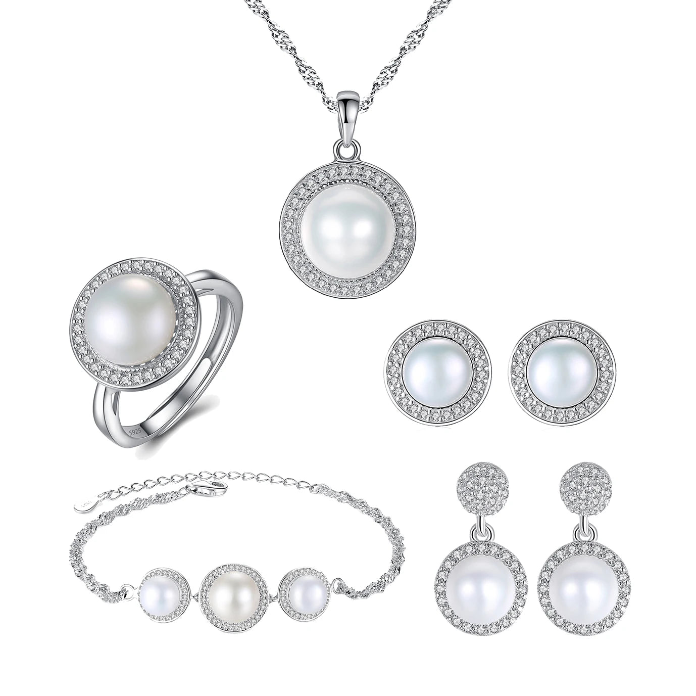 Daidan Jewelry Zircon Sets Jewelry Set Silver 925 Sterling Elegant Women Silver Round Fresh Water Pearls Jewelry Set