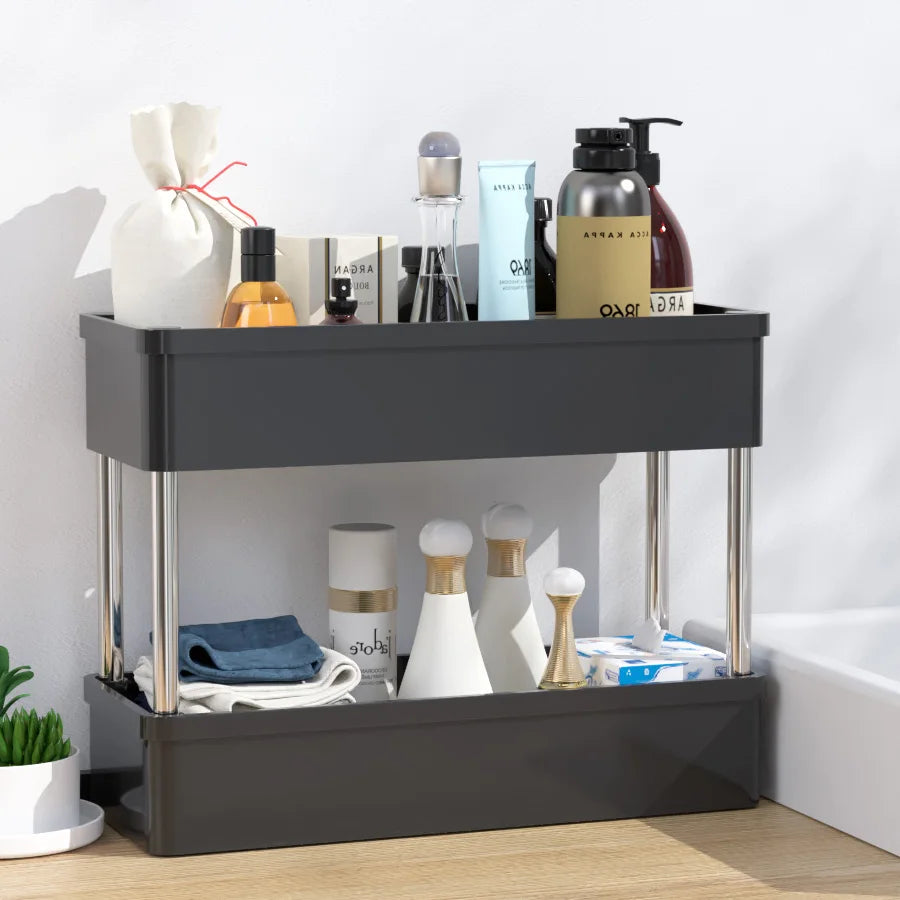 2 Tier Plastic Multifunctional Cabinet Holder Rack Under Sink Shelf Organizer for Bathroom Kitchen