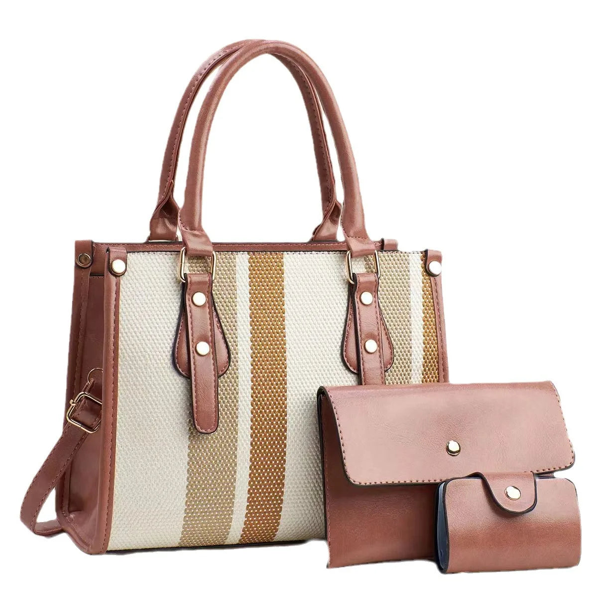 Women's New Style Large Capacity Zipper Shoulder Bag Simple Solid Color Three-Piece Handheld Polyester Fashionable Chain Print