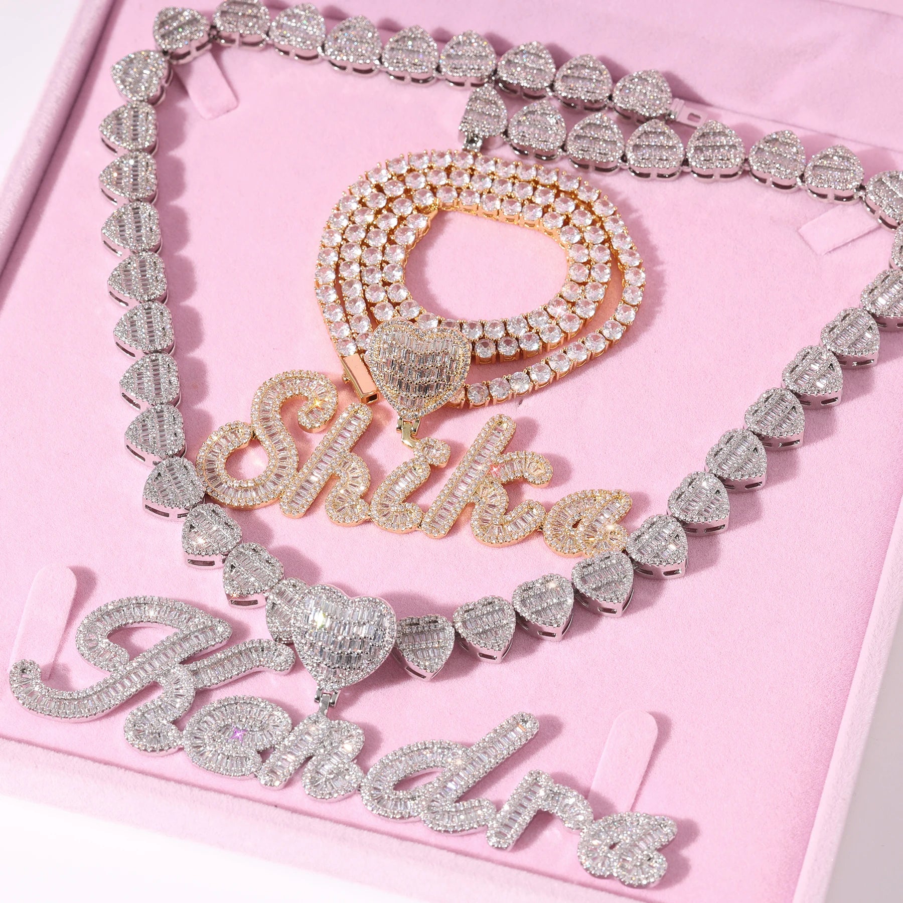 TOP ICY baguette Brush Font Curved Customised Name Necklace Personalised CZ Zircon Heart Hook Bling Name Necklace