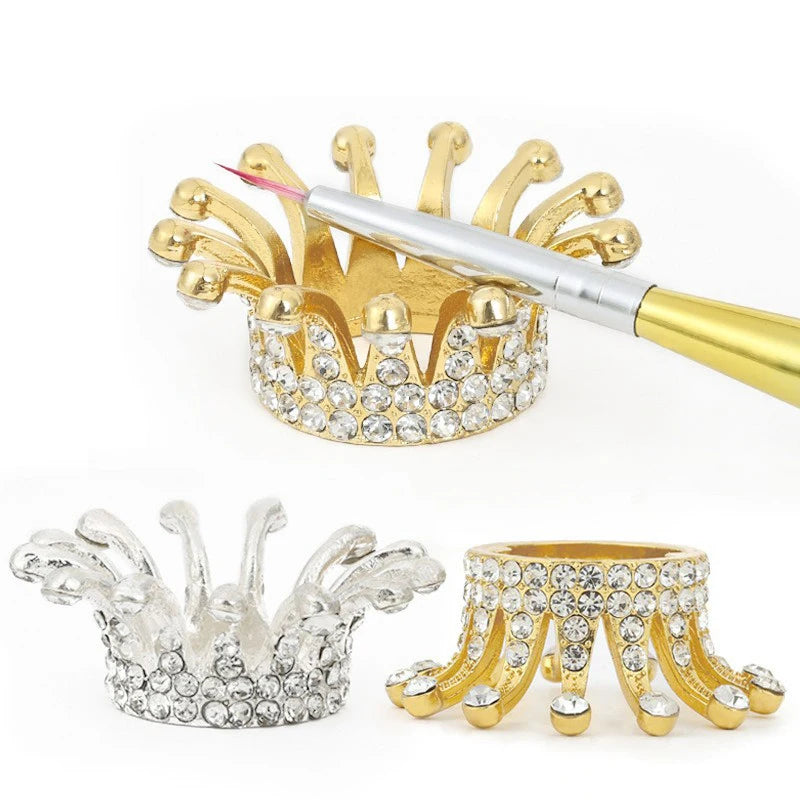 Nail Supplies Glitter Crown Shape Nail Tool Pen Holder Metal Gold Silver Nail Brush Holder