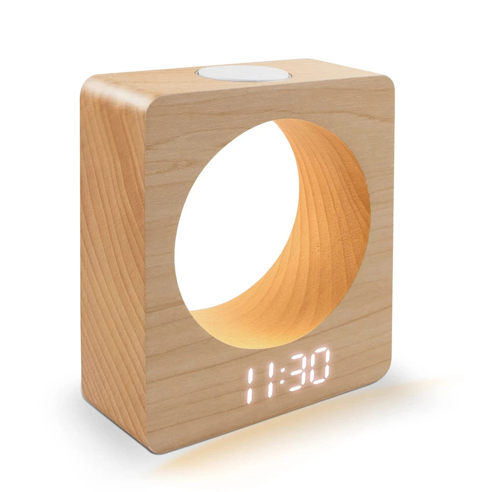 EMAF Home Decor Bedside Novelty Kids Digital Table Wooden Alarm Clock Touch Sensing Time Memory LED Moon Night Light Table Clock