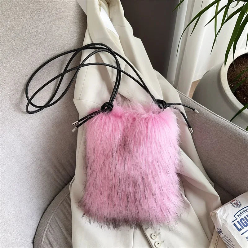 Winter Faux Fur Women's Crossbody Bags Small Square Plush Ladies Shoulder Bag Handbags Female Soft Furry Cell Phone Pouch Purse