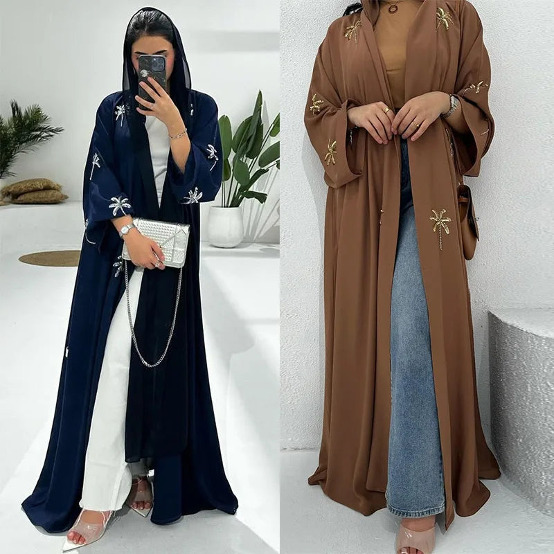 New Luxury Handmade Dubai Multi Color Modest Robe Muslim Women Palm Tree Embroidery Design