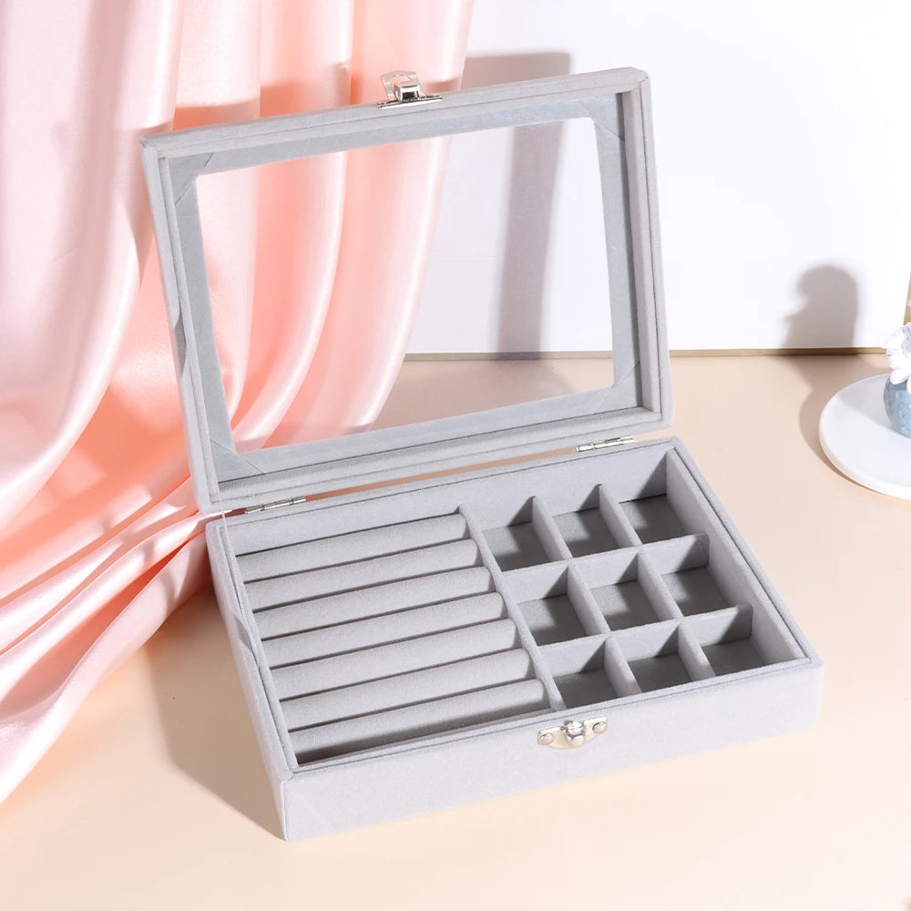 Multi Function Jewelry Tray Grey Soft Velvet Ring Earring Small Jewelry Storage Box