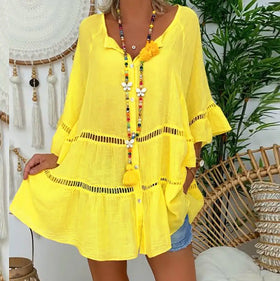 Plus Size XXXXXL Women Seventh Sleeve Loose Linen V-neck Blouse 2023 New Arrivals Ladies Spring Hollow Out Leisure Shirts