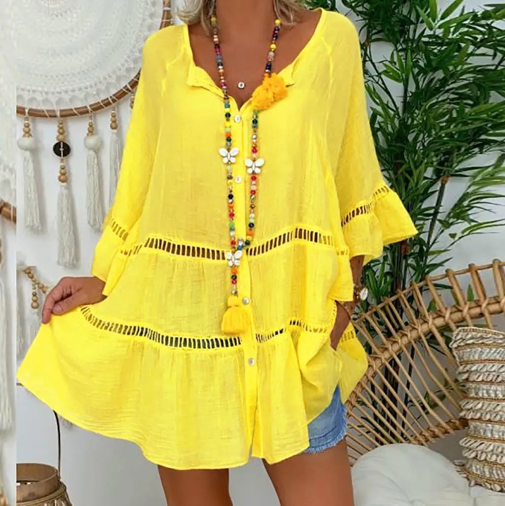 Plus Size XXXXXL Women Seventh Sleeve Loose Linen V-neck Blouse 2023 New Arrivals Ladies Spring Hollow Out Leisure Shirts