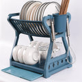 2-Tier Kitchen Accessory Storage Rack Plastic Dish Drying Rack with Hooks for Cup Bowl Plate Organizer Drainer