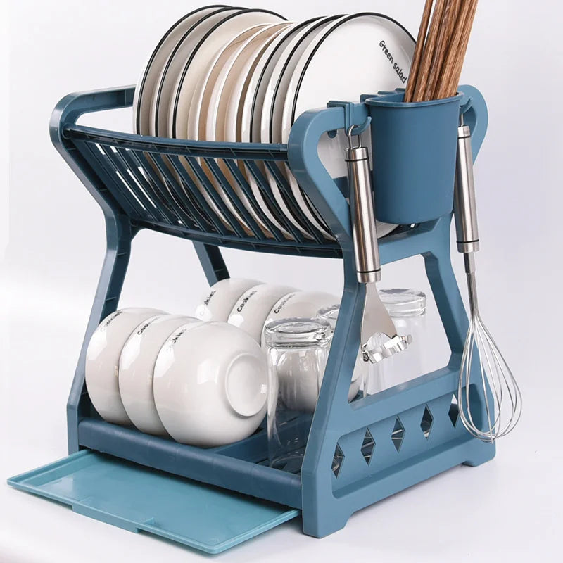 2-Tier Kitchen Accessory Storage Rack Plastic Dish Drying Rack with Hooks for Cup Bowl Plate Organizer Drainer