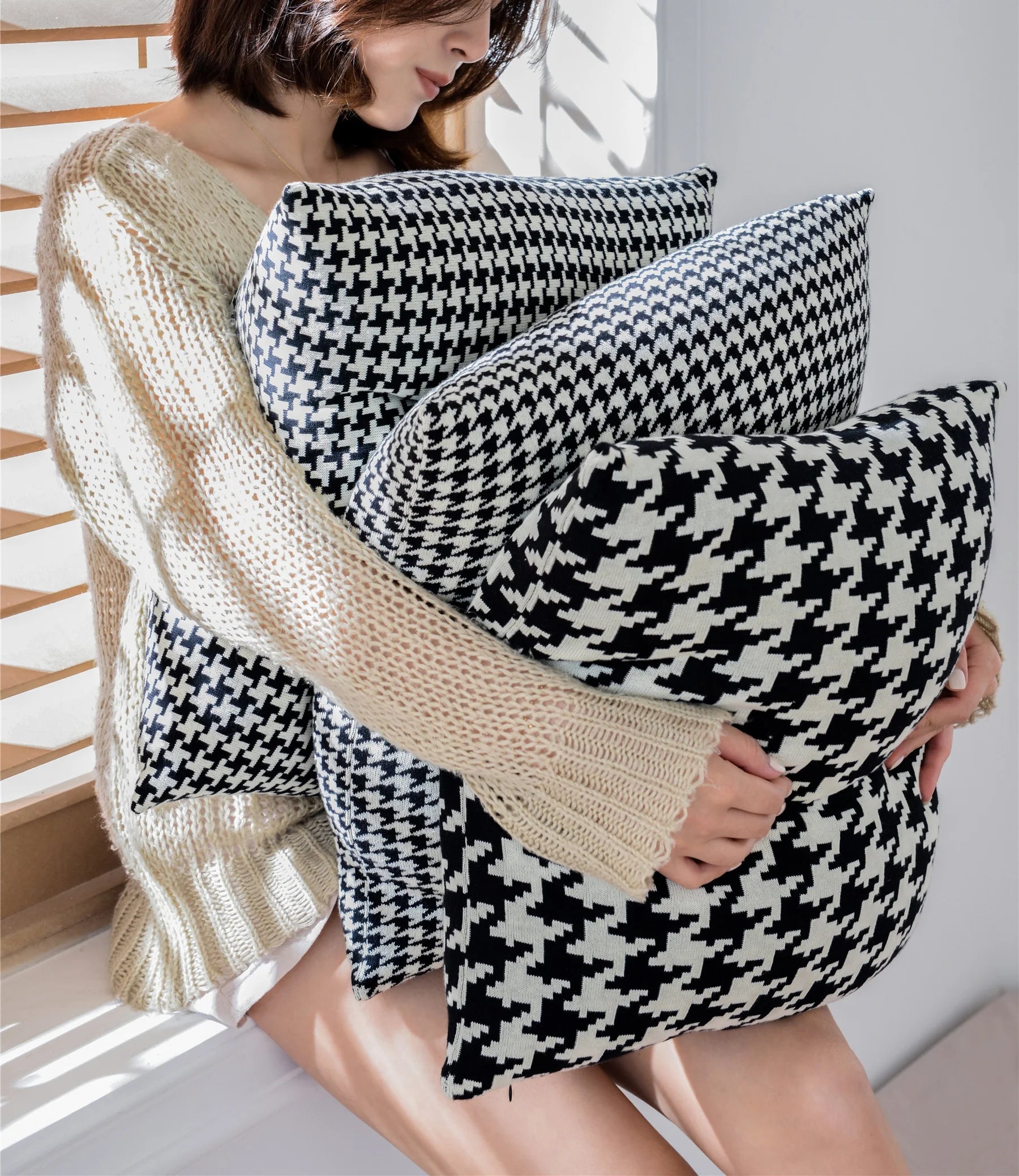 Asg Super Soft and Comfortable 100% Cotton Houndstooth Knitted Throw Pillow Case for Rest Sleeping Sofa Living Room