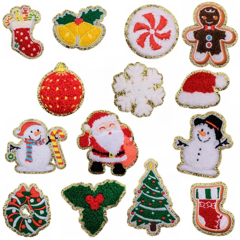 Hot Sale Xmas Holiday Decorative Iron on Gold Glitter Merry Christmas Embroidered Chenille Patches
