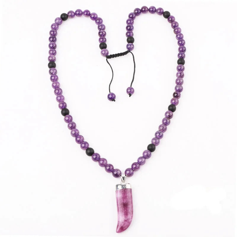 Classic Design Natural Stone Gemstone Amethyst Beads Adjustable OX Horn Pendant Long Men Necklace