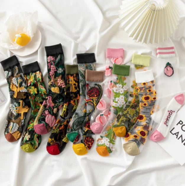 New Spring Summer Tulle Stockings Transparent Thin Sock Cartoon Flowers Fruit Mesh Women Socks Painting Floral Socks Women