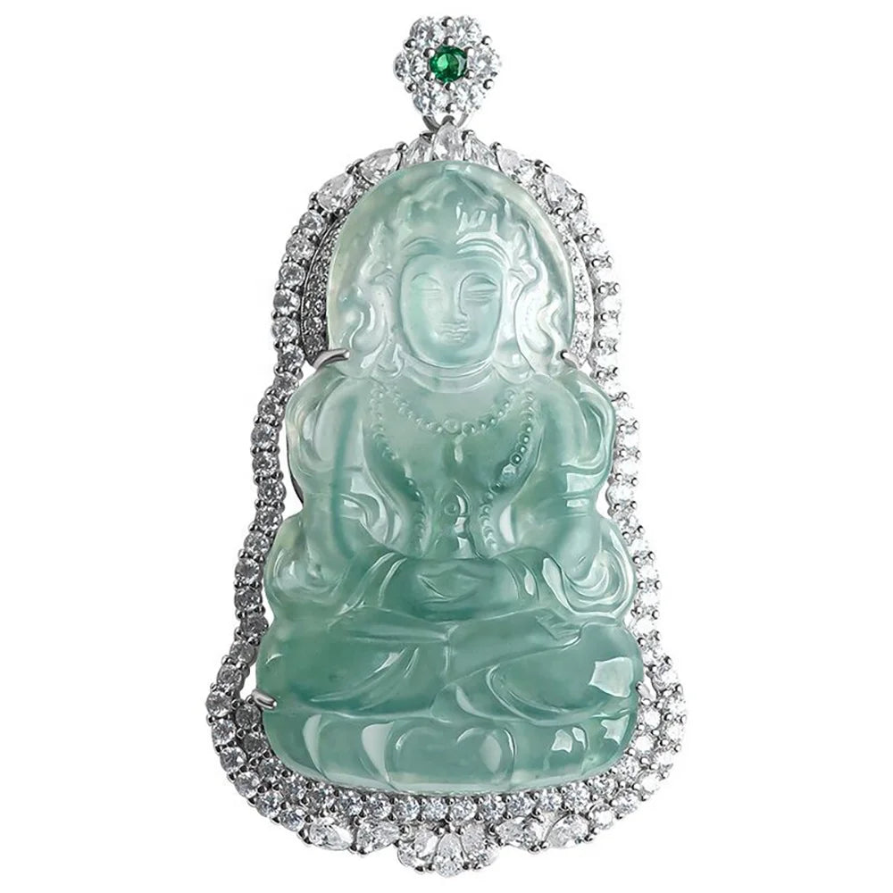 Natural a Jadeite Blue Guanyin S925 Silver Luxury Jade Inlaid Pendant Men and Women Necklace Pendant