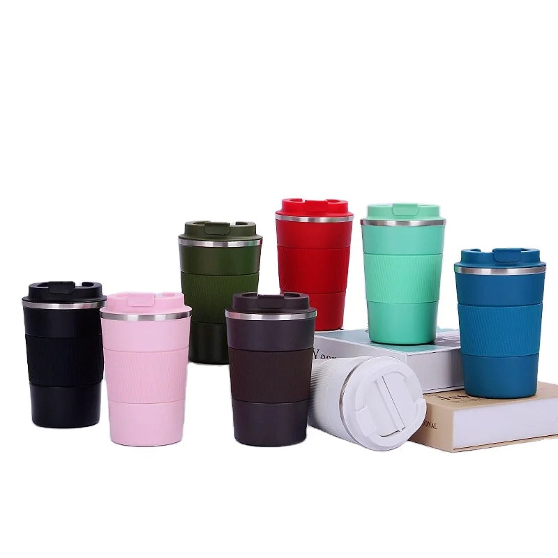 LOGO Creative Double-layer Stainless Steel Metal Coffee Cup Vacuum Color Spray Plastic Travel Mug With Lid
