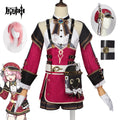 In Stock Genshin Impact Charlotte Cosplay Costume Wig Hat Glasses Red Dress Gloves Steambird Journalist Fontaine  Girls Women