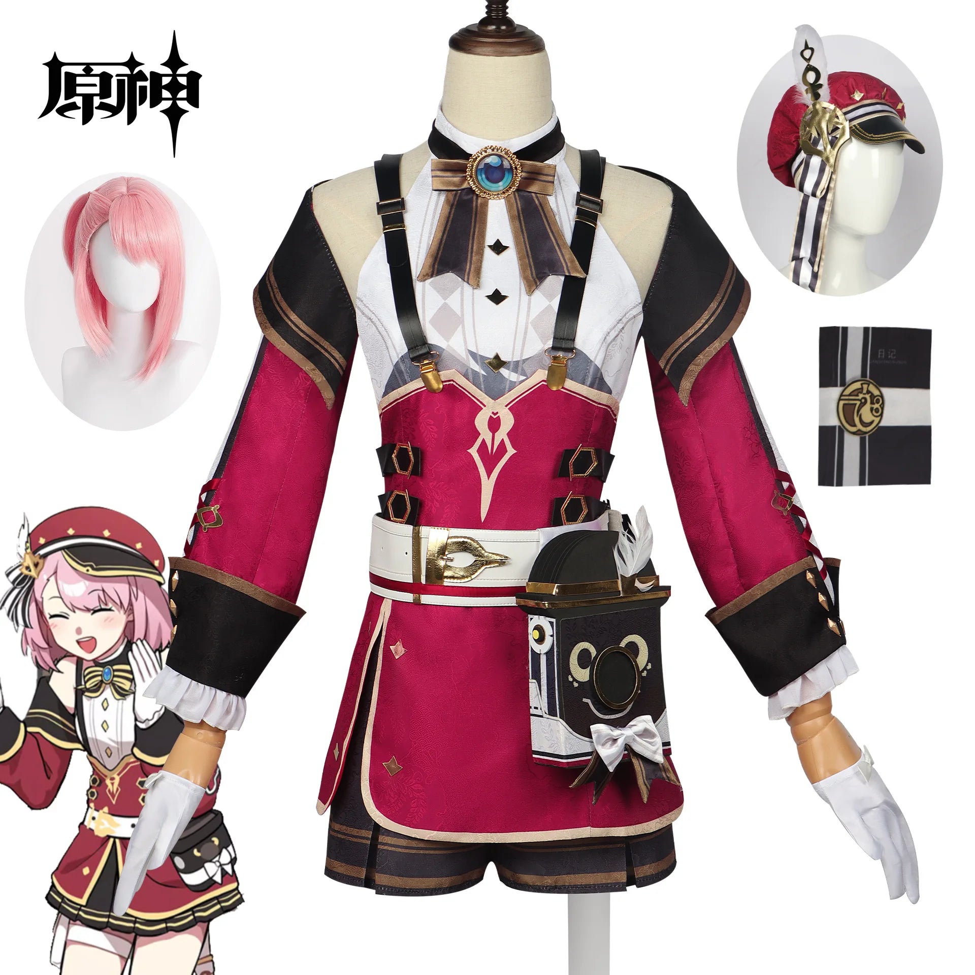 In Stock Genshin Impact Charlotte Cosplay Costume Wig Hat Glasses Red Dress Gloves Steambird Journalist Fontaine  Girls Women