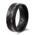 Poya 8mm Crushed Meteorite Pink Opal Inlay Textured Black Damascus Steel Ring
