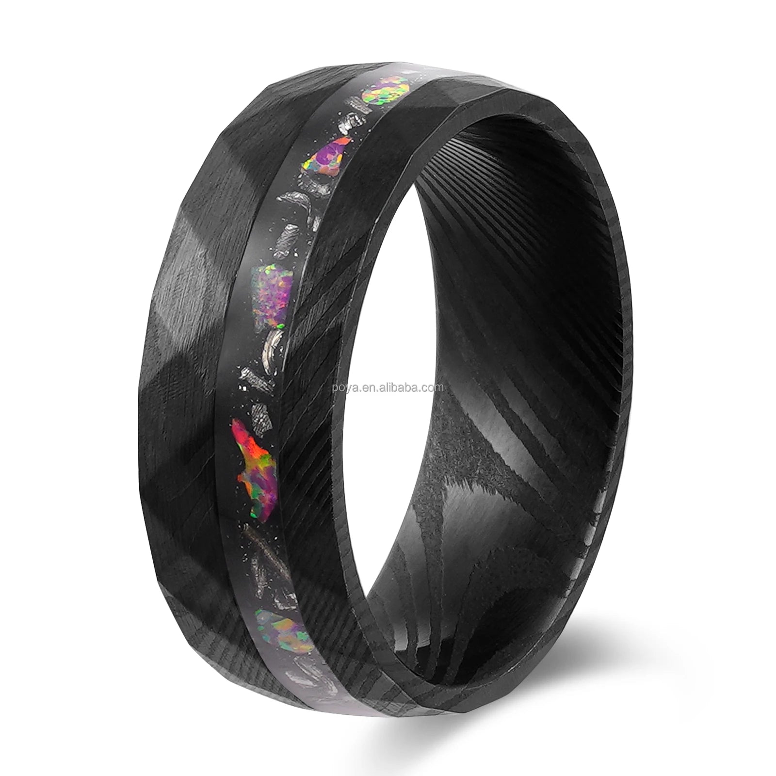 Poya 8mm Crushed Meteorite Pink Opal Inlay Textured Black Damascus Steel Ring