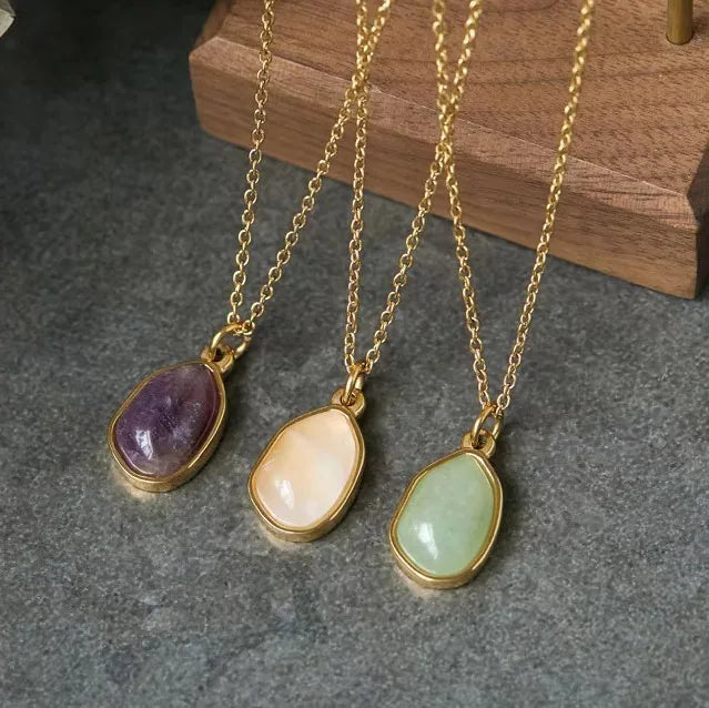 New Cute Elegant Design Titanium Stainless Steel Chains Gemstone Natural Stone Pendant Choker Necklace for Women