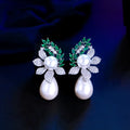 Symmetrical Leaf Shape Green White Zirconia Long Big Imitation Pearl Drop Dangle Earrings for Women Wedding Banquet Jewelry