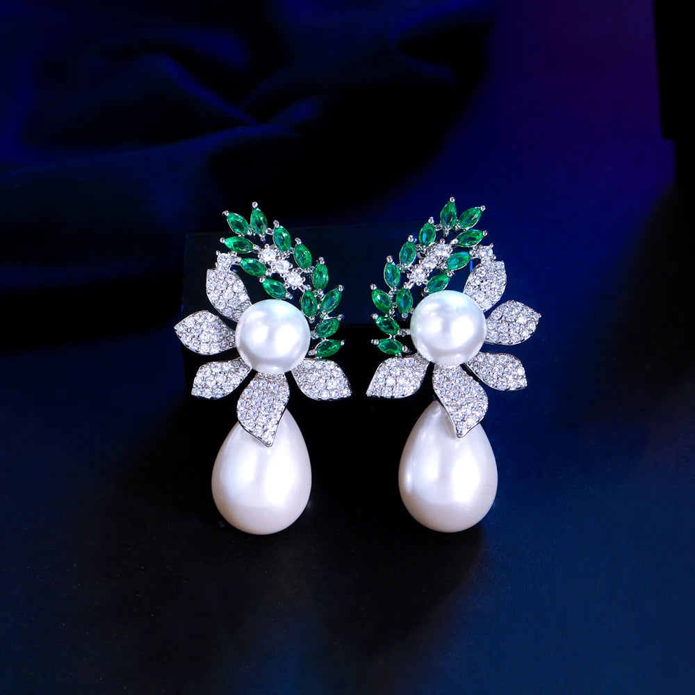 Symmetrical Leaf Shape Green White Zirconia Long Big Imitation Pearl Drop Dangle Earrings for Women Wedding Banquet Jewelry