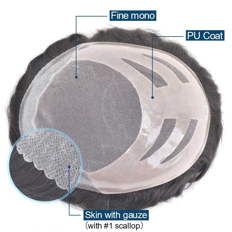 Newtimes HS27 Natural Mono Skin Human Hair Wig for Men Virgin Indian Remy Hair PU Technique Wave Style Toupee System Lace Base