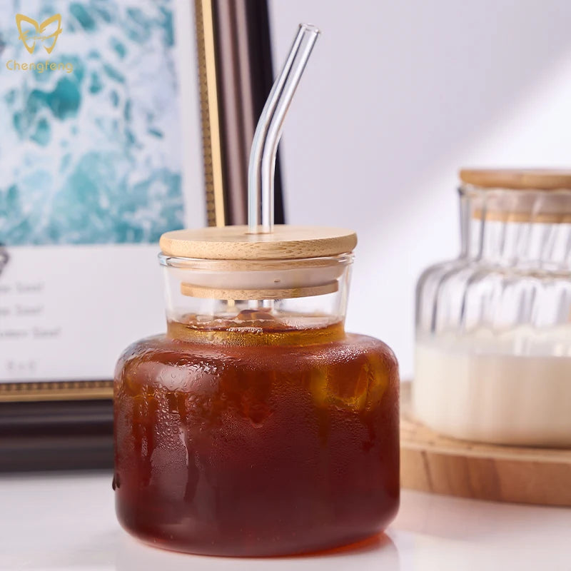 Reusable Glass Coffee Tea Milk Cup Custom Logo Juice Drinking Glass Glass Jar With Lid and Straw