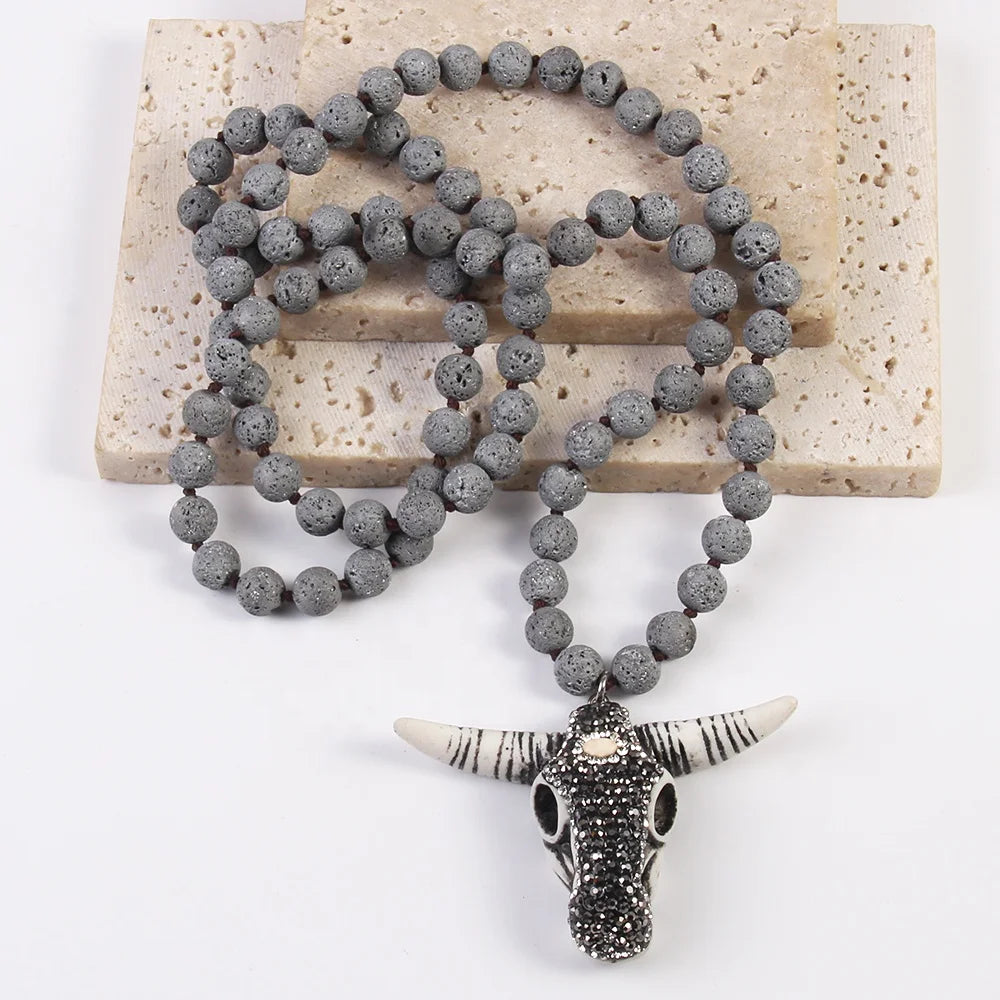 Bohemian Tribal Jewelry Lava Stone Necklace Knotted Handmade Rhinestone Paved Buffalo Skull Bull Horn Head Pendant Necklace