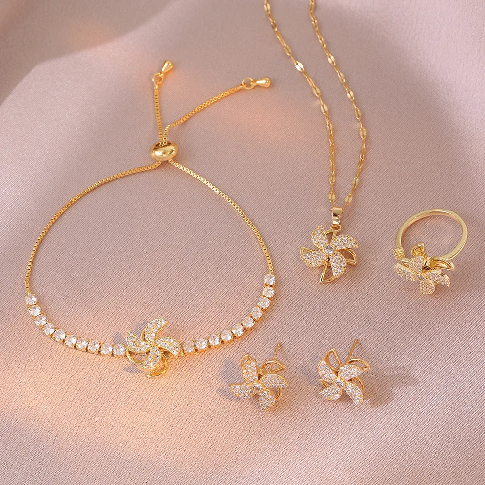 Women's Rotatable Windmill Niche Design Stainless Steel Jewelry Set Gold Plated With Zircon Stone for Party or Gift